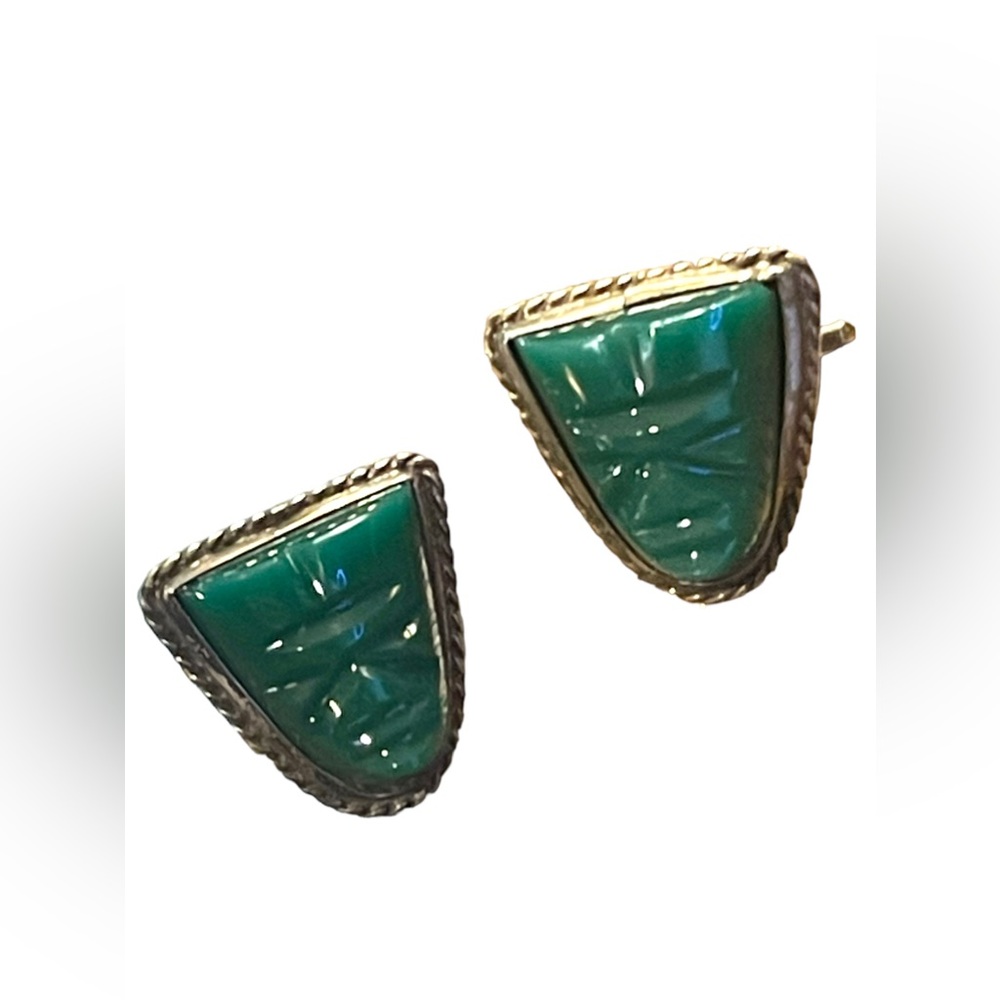 Vintage JVR Mexico 925 Taxco Green Onyx Aztec Mayan cufflinks sterling silver